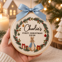 Personalized Bunny Wreath Christmas Ornament, Embroidered Baby First Christmas Name Hoop, Baby 1st Christmas Ornament, Baby Shower Gift