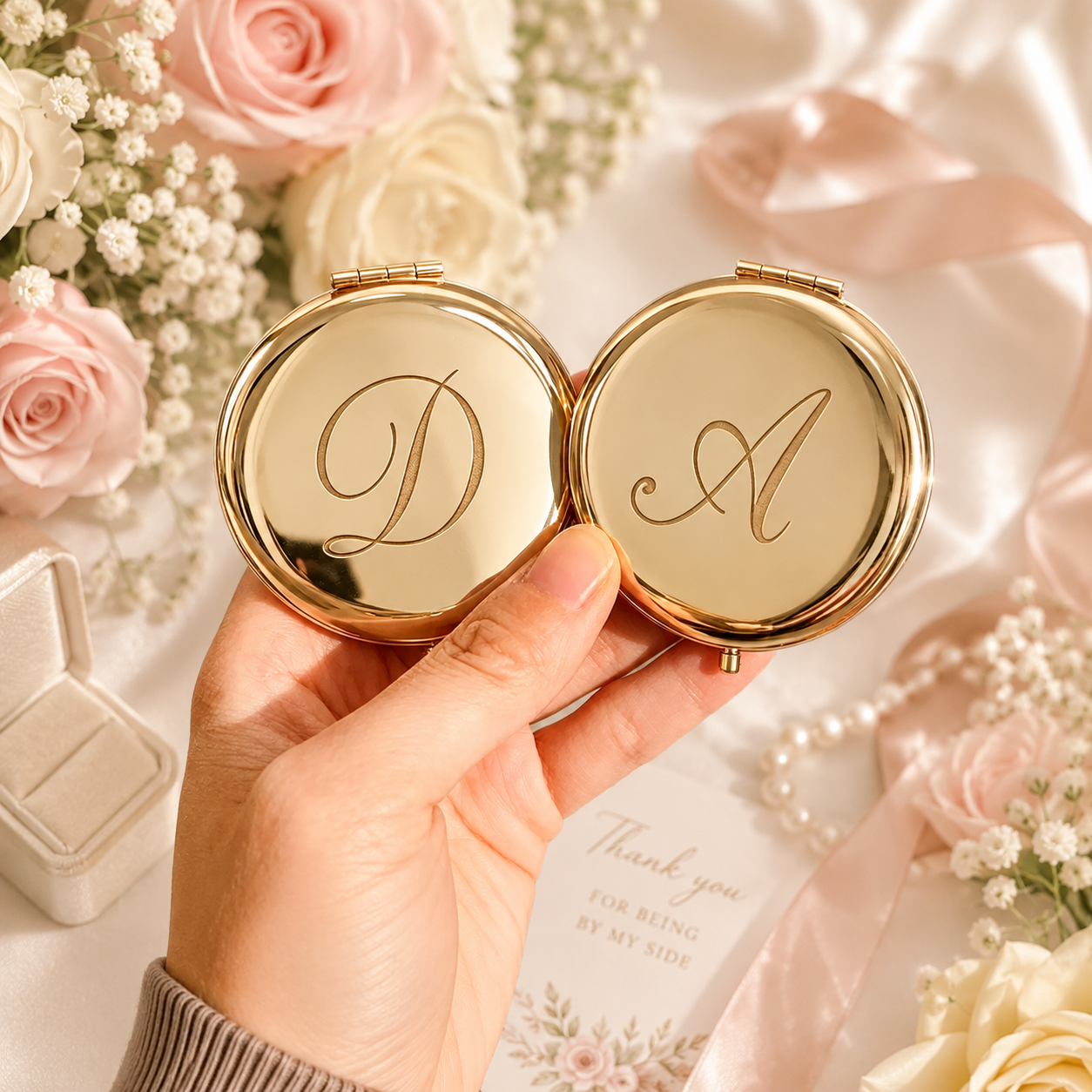 Personalized Gold Compact Mirror for Bridesmaids, Custom Engraved Monogram Pocket Makeup Mirror