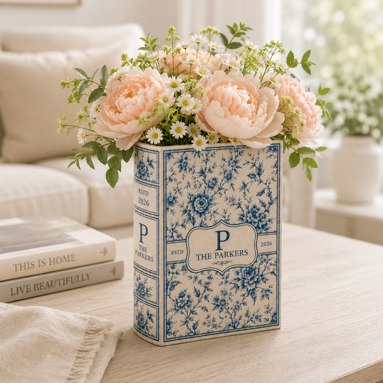 Custom Toile Monogram Ceramic Book Vase, Last Name Floral Vase, Housewarming Gift for Newly Married Couple Family Keepsake