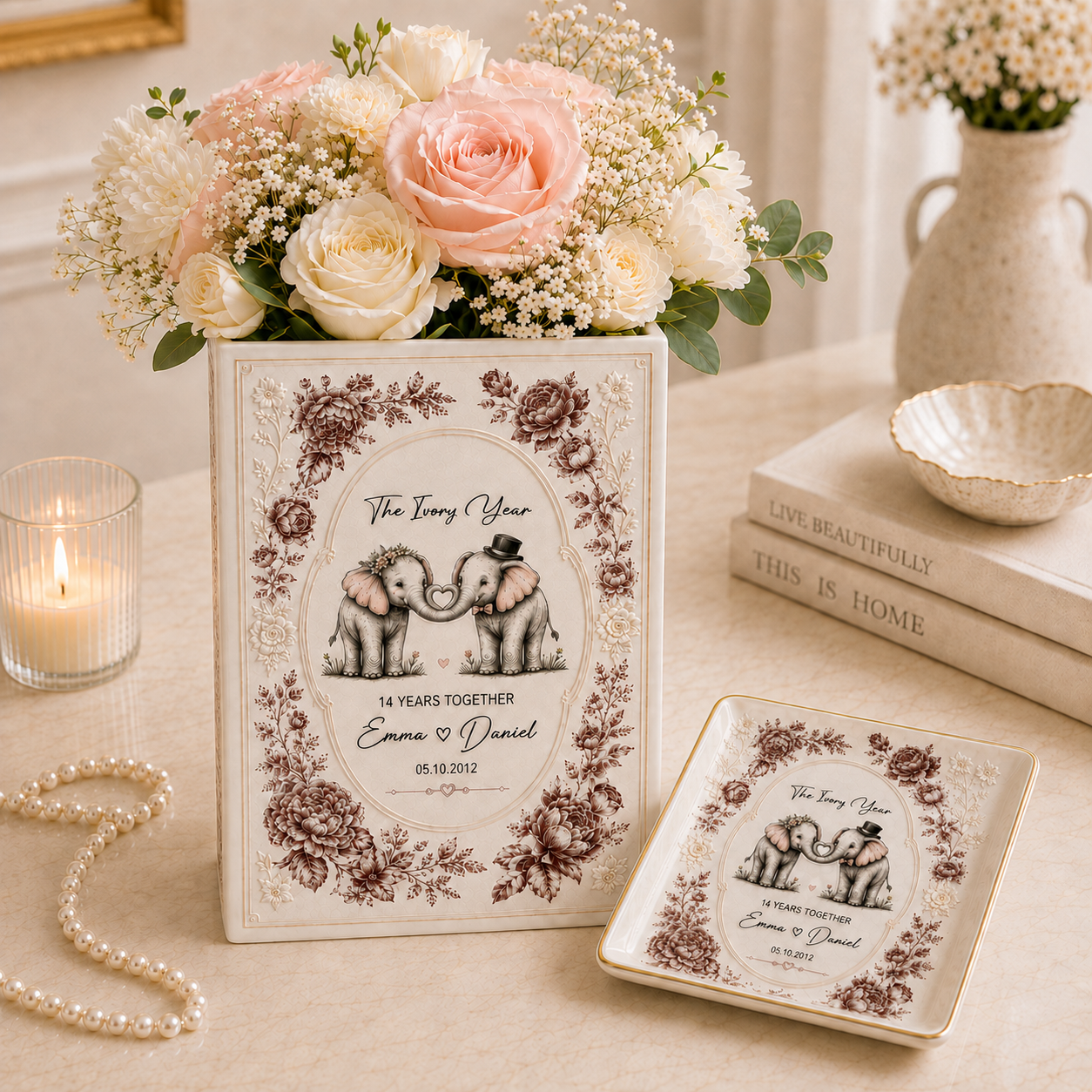 Personalized Elephant Couple Vase & Jewelry Dish, Custom Wedding Anniversary Gift, Romantic Love Story Keepsake Set
