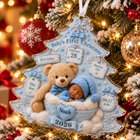 Personalized Baby & Teddy Birth Stats Tree Ornament – First Christmas