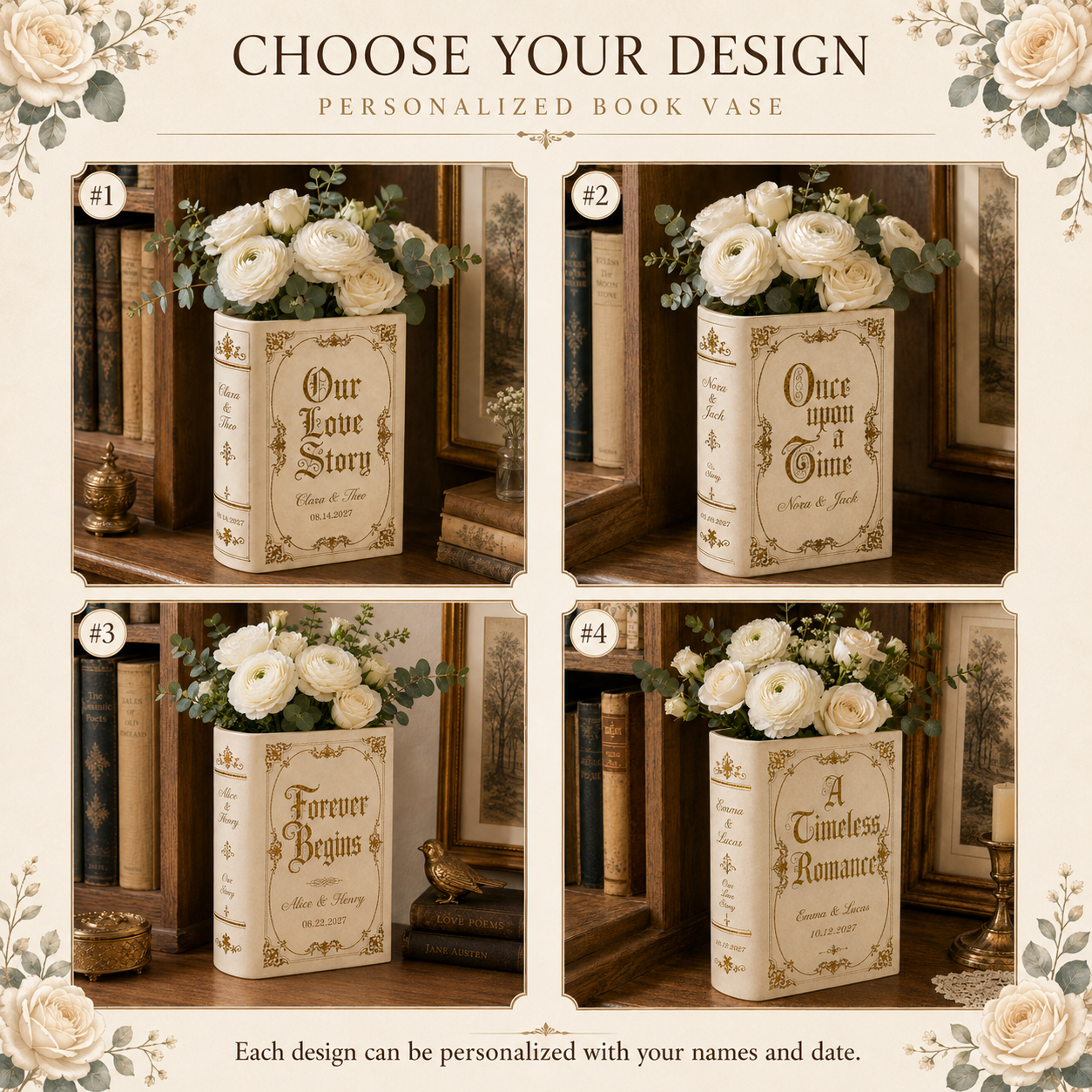Personalized Vintage Wedding Book Vase & Jewelry Dish Set, Custom Couple Names & Wedding Date Flower Vase, Romantic Centerpiece,  Couple Keepsake