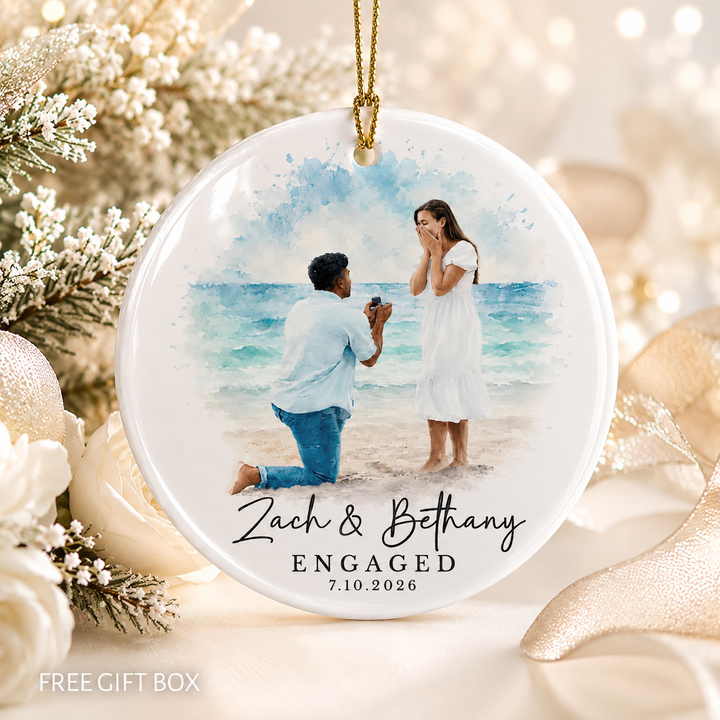 Personalized Engagement Ornament from Photo, Custom Watercolor Couple Portrait, Names & Date Keepsake Gift for Engaged Couples