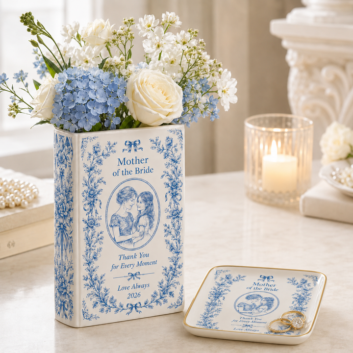 Personalized Mother of the Bride Ceramic Book Vase, Custom Mom Photo Wedding Gift, Floral Keepsake, Thank You Gift