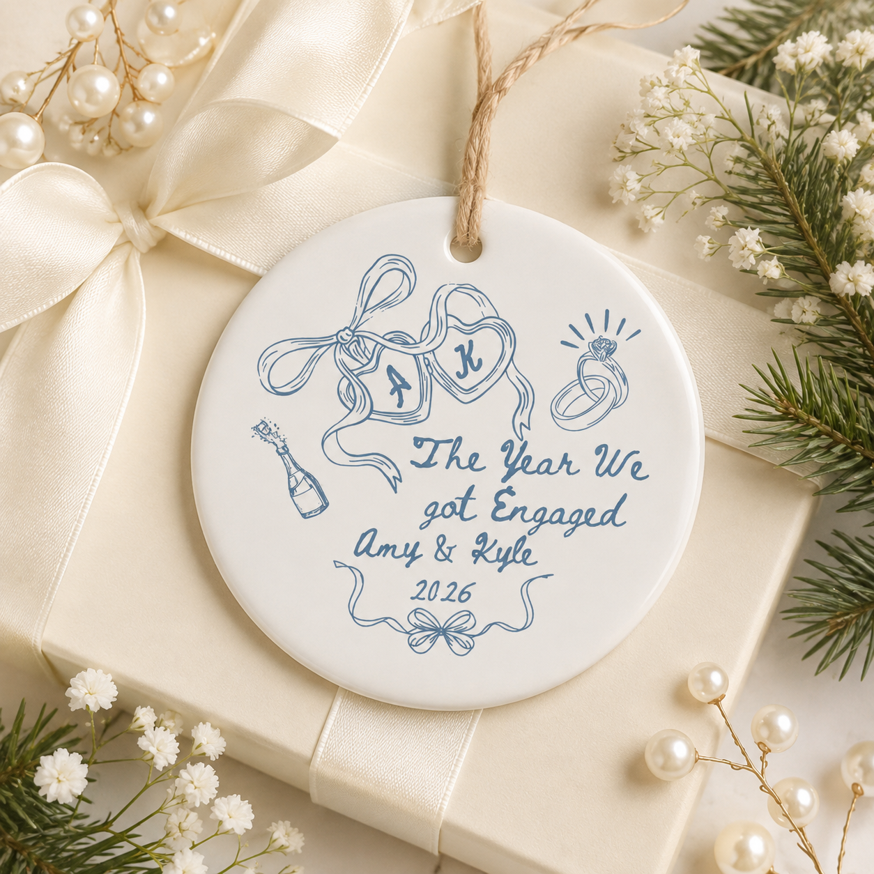 Personalized Engagement Ceramic Ornament, Custom Names & Year Keepsake for Couples, The Year We Got Engaged Gift for Bride-to-Be