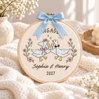 Personalized Embroidered Wedding Goose Ornament, Custom Names Year, First Christmas Hoop, Funny Engagement Gift,Silly Geese Engaged Keepsake