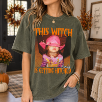 Personalized This Witch Is Getting Hitched Shirt, Custom Photo Halloween Bride Tee, Funny Bachelorette Party Shirt, Bride To Be Gift