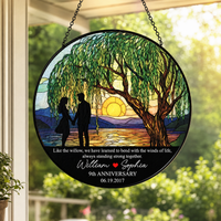 Personalized 9th Anniversary Willow Tree Stained Glass Suncatcher , Custom Couple Names Date Round Window Hanging Gift for Husband Wife