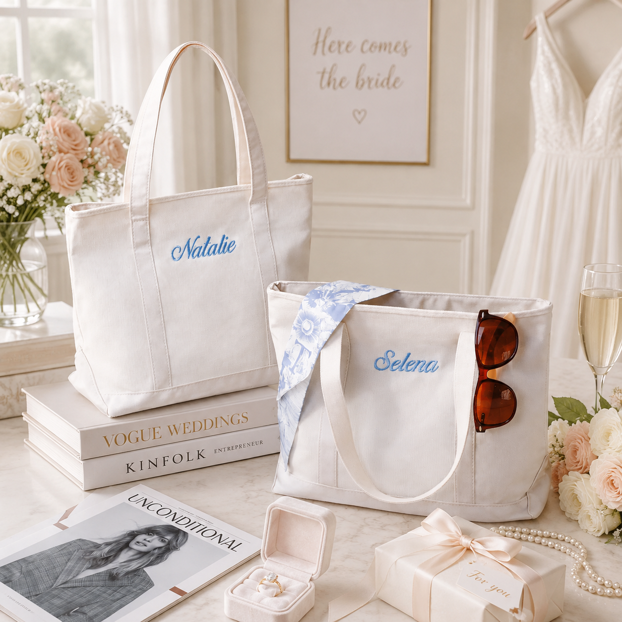 Personalized Embroidered Canvas Tote Bag for Bridesmaids, Custom Name Wedding Party Gift & Bachelorette Favor