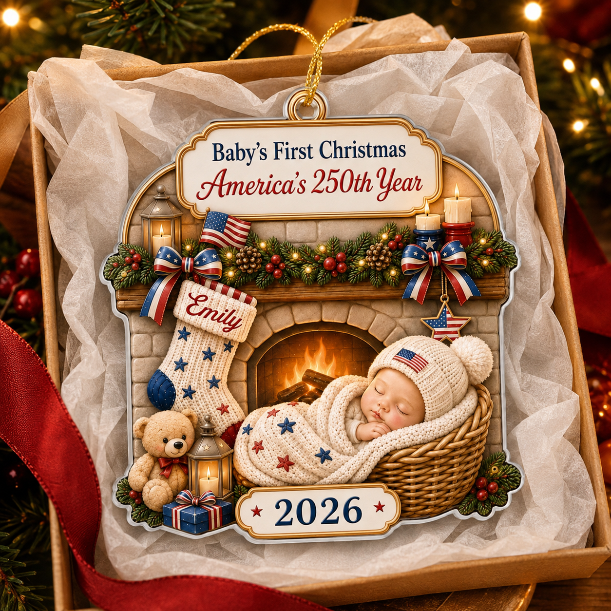 Custom Baby’s First Christmas Ornament 2026, America 250th Anniversary Newborn Gift & Family Keepsake