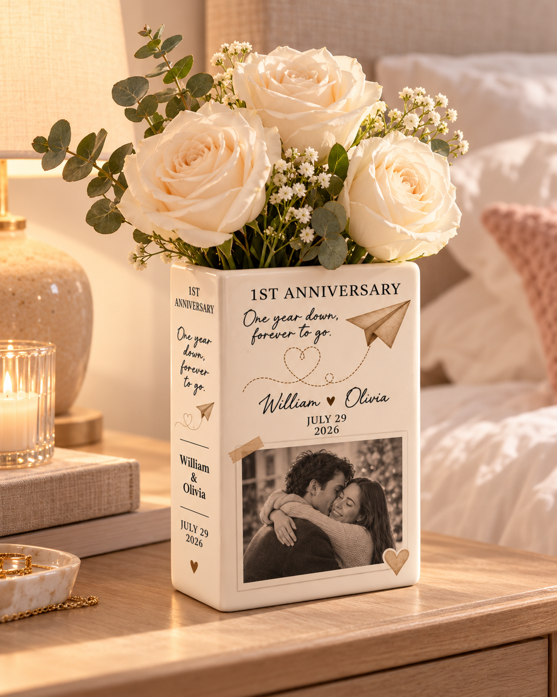 Personalized couple names and date photo book vase detail