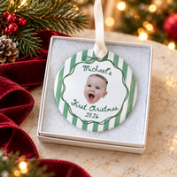 Personalized Striped Baby Photo Ornament – Baby's First Christmas