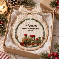 Personalized Train Wreath Ornament, Embroidered Train Baby First Christmas Name Hoop, Baby 1st Christmas Ornament, Baby Shower Gift