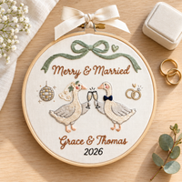 Personalized Merry & Married Goose Christmas Ornament, Custom Wedding Couple Embroidery Hoop