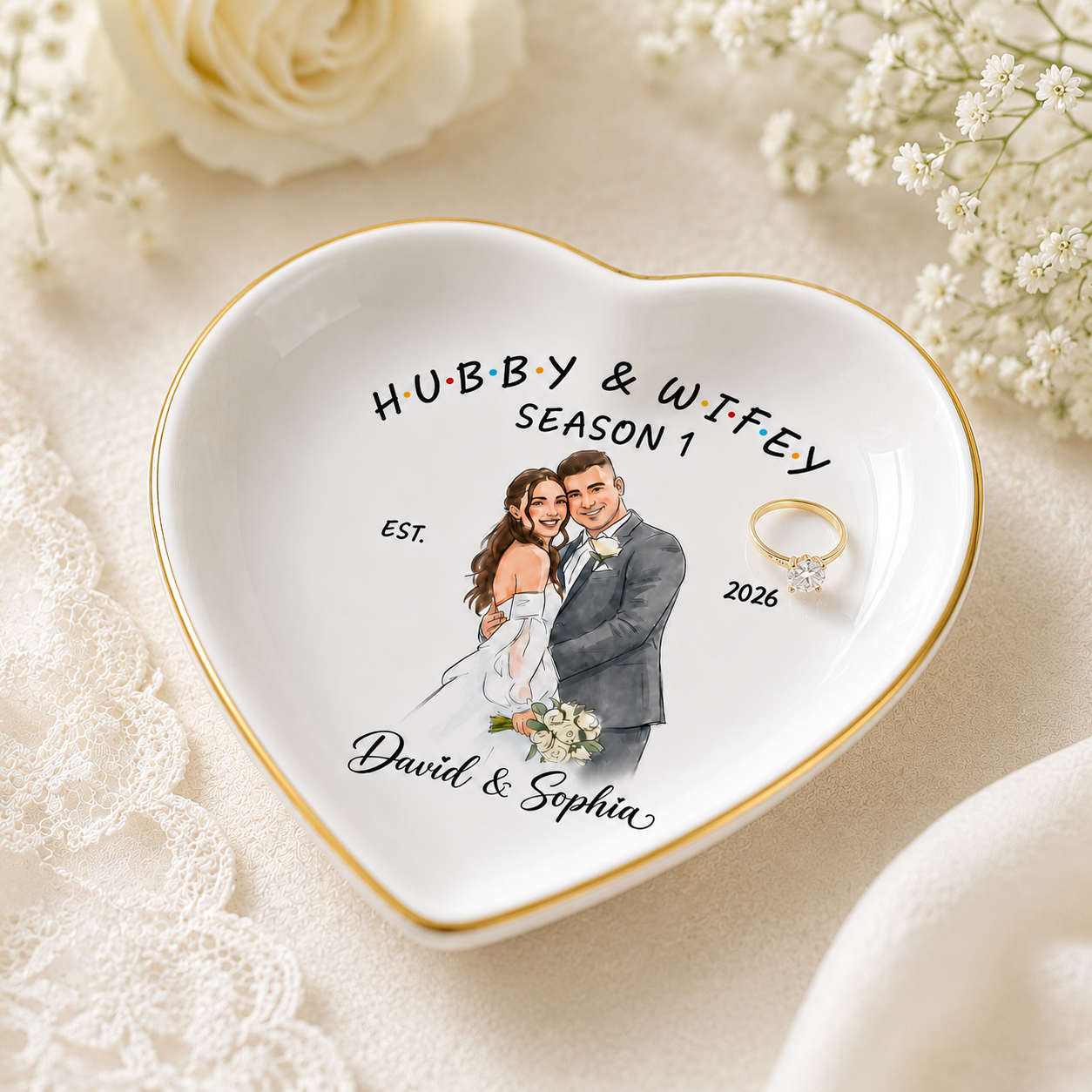 Personalized Photo Hubby & Wifey Couple Jewelry Dish - Gift for , Custom Bachelorette Trip, Bridal Shower Gift