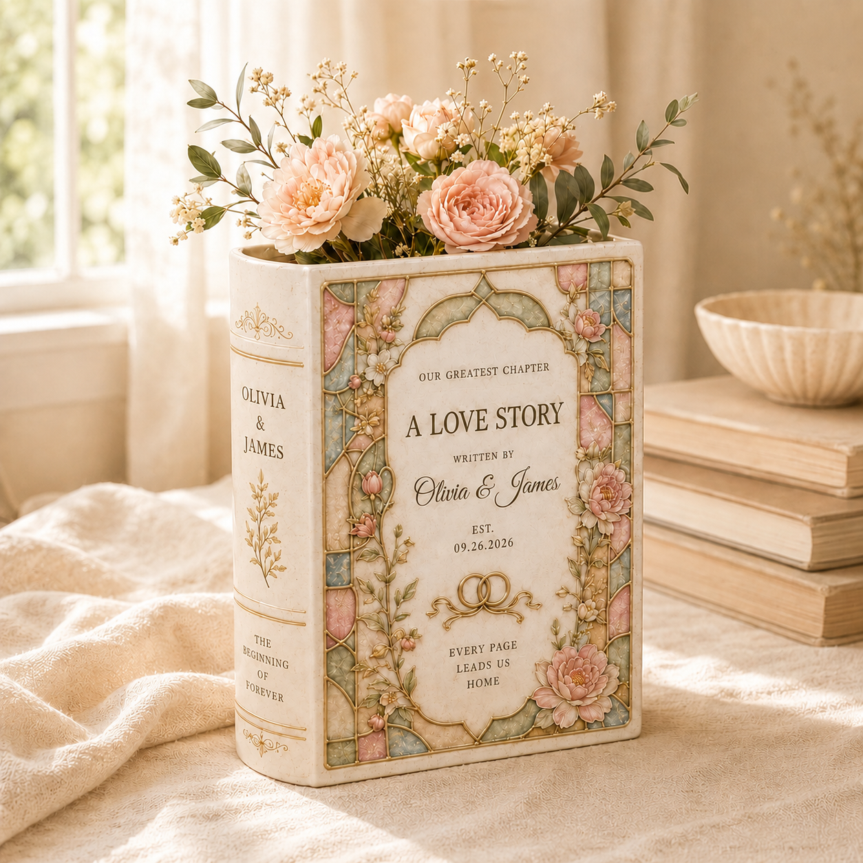 Personalized Ceramic Book Vase, Custom Couple Names and Wedding Date, Love Story Wedding Keepsake
