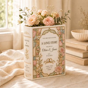 Personalized Ceramic Book Vase, Custom Couple Names and Wedding Date, Love Story Wedding Keepsake