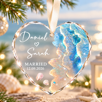 Personalized Beach Engagement Glass Ornament: Newly Engaged Gifts, Coastal Wedding Keepsake, 2026 Married Ornament, First Anniversary Gift