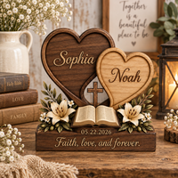 Personalized Christian Couple Wooden Block, Custom Faith Couple Gift, Interlocking Heart Bible Cross Tabletop Decor, Wedding Gift for Couple