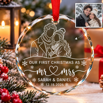Personalized Photo First Christmas Married Glass Ornament – Mr & Mrs Wedding Gift
