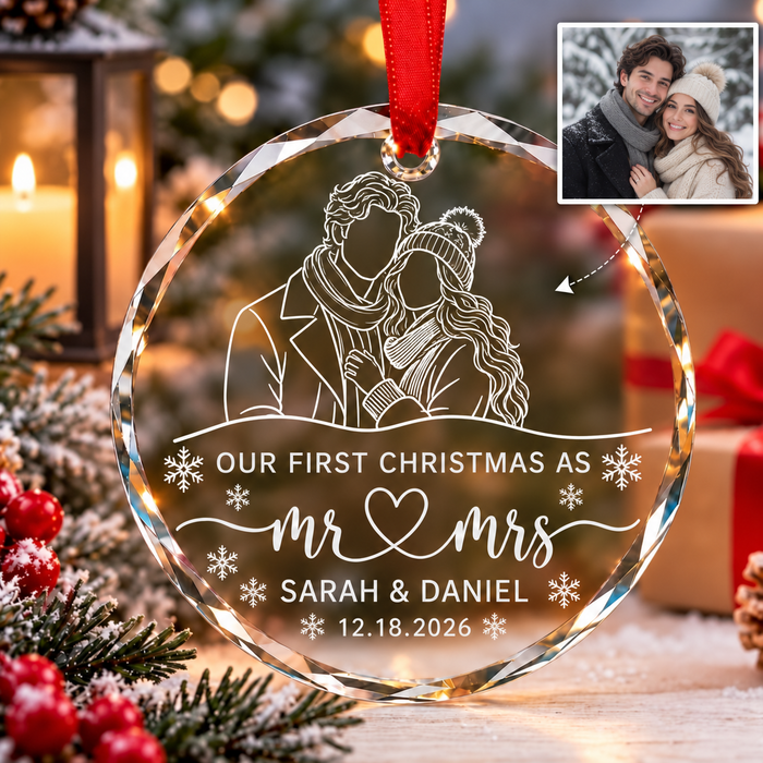 Personalized Photo First Christmas Married Glass Ornament – Mr & Mrs Wedding Gift