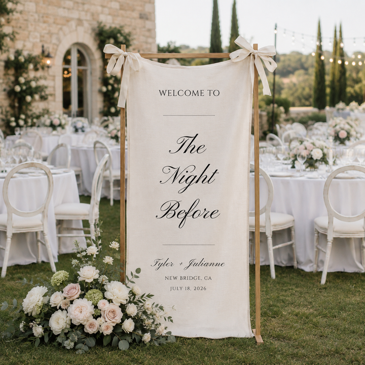 Personalized Cotton Linen Tapestry for Rehearsal Dinner, Custom The Night Before Wedding Welcome Sign, Couple Names Date & Location Banner