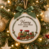 Personalized Train Wreath Ornament, Embroidered Train Baby First Christmas Name Hoop, Baby 1st Christmas Ornament, Baby Shower Gift