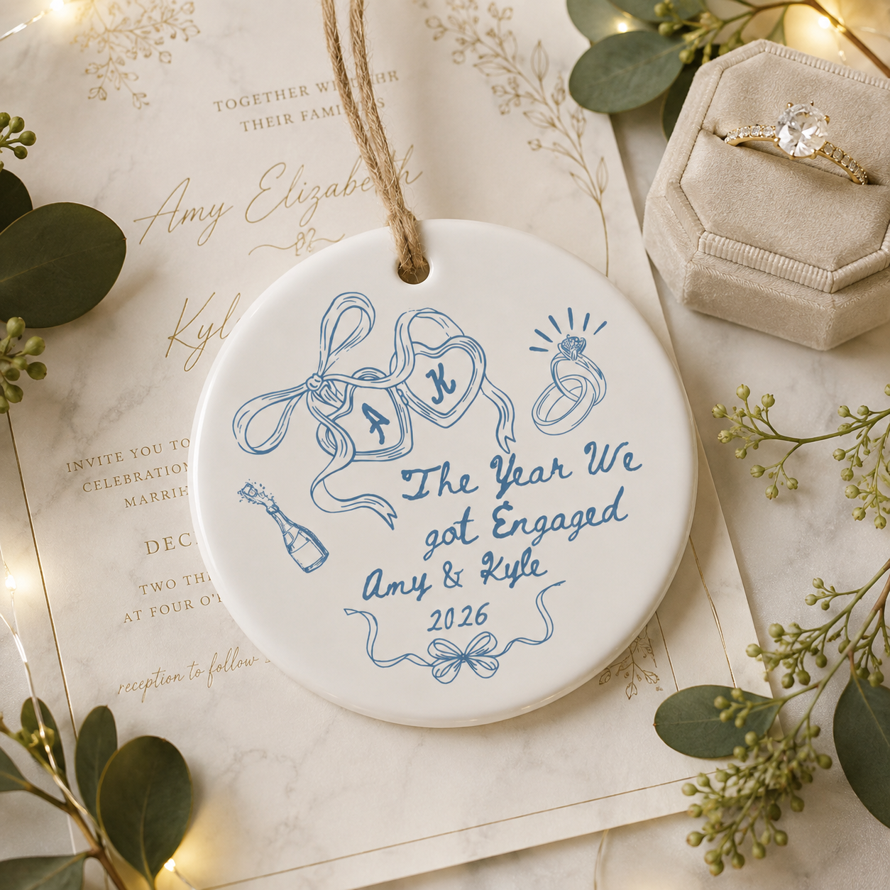 Personalized Engagement Ceramic Ornament, Custom Names & Year Keepsake for Couples, The Year We Got Engaged Gift for Bride-to-Be