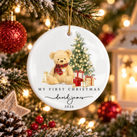 Personalized Teddy Bear Ceramic Ornament – Baby Boy's First Christmas