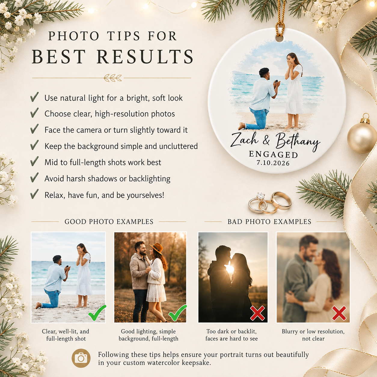 Personalized Engagement Ornament from Photo, Custom Watercolor Couple Portrait, Names & Date Keepsake Gift for Engaged Couples
