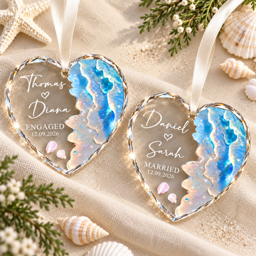 Personalized Beach Engagement Glass Ornament: Newly Engaged Gifts, Coastal Wedding Keepsake, 2026 Married Ornament, First Anniversary Gift