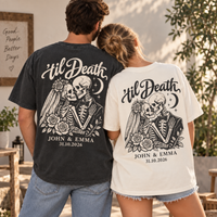 Personalized Til Death Couple Shirts, Custom Skeleton Wedding Tees, Names & Date Gothic Bride Groom Shirts
