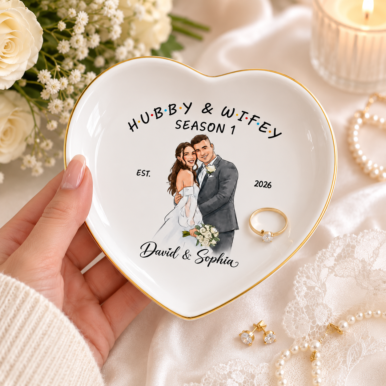 Personalized Photo Hubby & Wifey Couple Jewelry Dish - Gift for , Custom Bachelorette Trip, Bridal Shower Gift