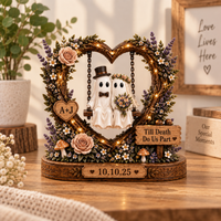 Personalized Ghost Couple Wooden Block, Halloween Wedding Gift, Custom Initials & Date, Gothic Bride Groom Keepsake