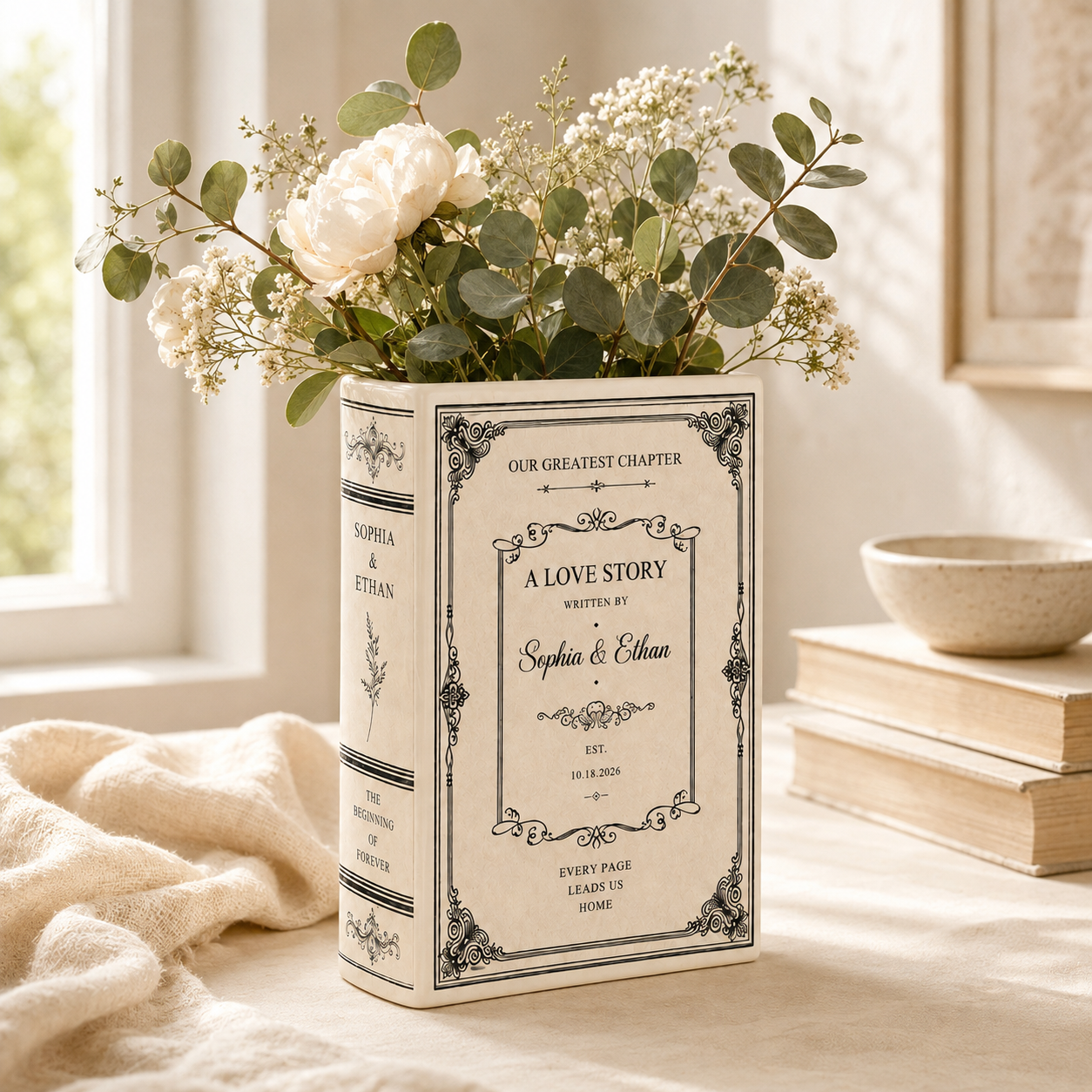 Personalized Ceramic Book Vase, Custom Couple Names and Wedding Date, Love Story Wedding Keepsake