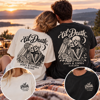 Personalized Til Death Couple Shirts, Custom Skeleton Wedding Tees, Names & Date Gothic Bride Groom Shirts