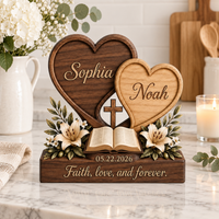 Personalized Christian Couple Wooden Block, Custom Faith Couple Gift, Interlocking Heart Bible Cross Tabletop Decor, Wedding Gift for Couple