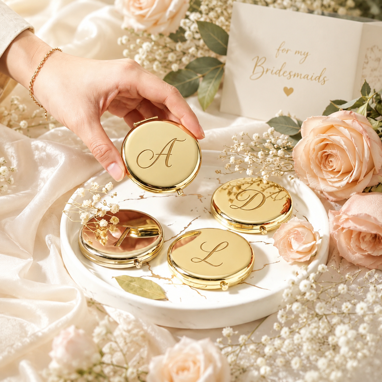 Personalized Gold Compact Mirror for Bridesmaids, Custom Engraved Monogram Pocket Makeup Mirror