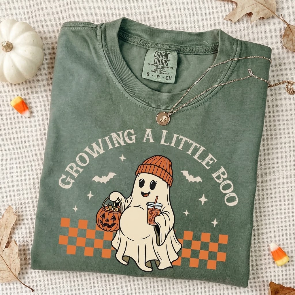 Growing a Little Boo Pregnancy Comfort Colors Tee mockup 3