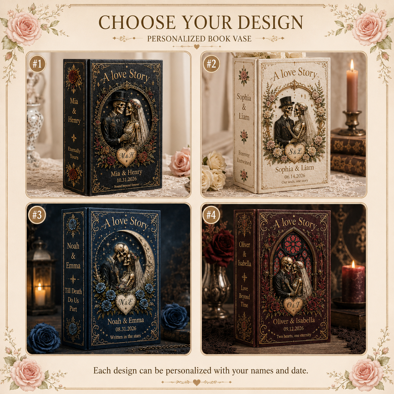 Personalized Gothic Wedding Book Vase, A Love Story Skeleton Couple Vase, Custom Names and Date, Engagement Wedding or Anniversary Gift