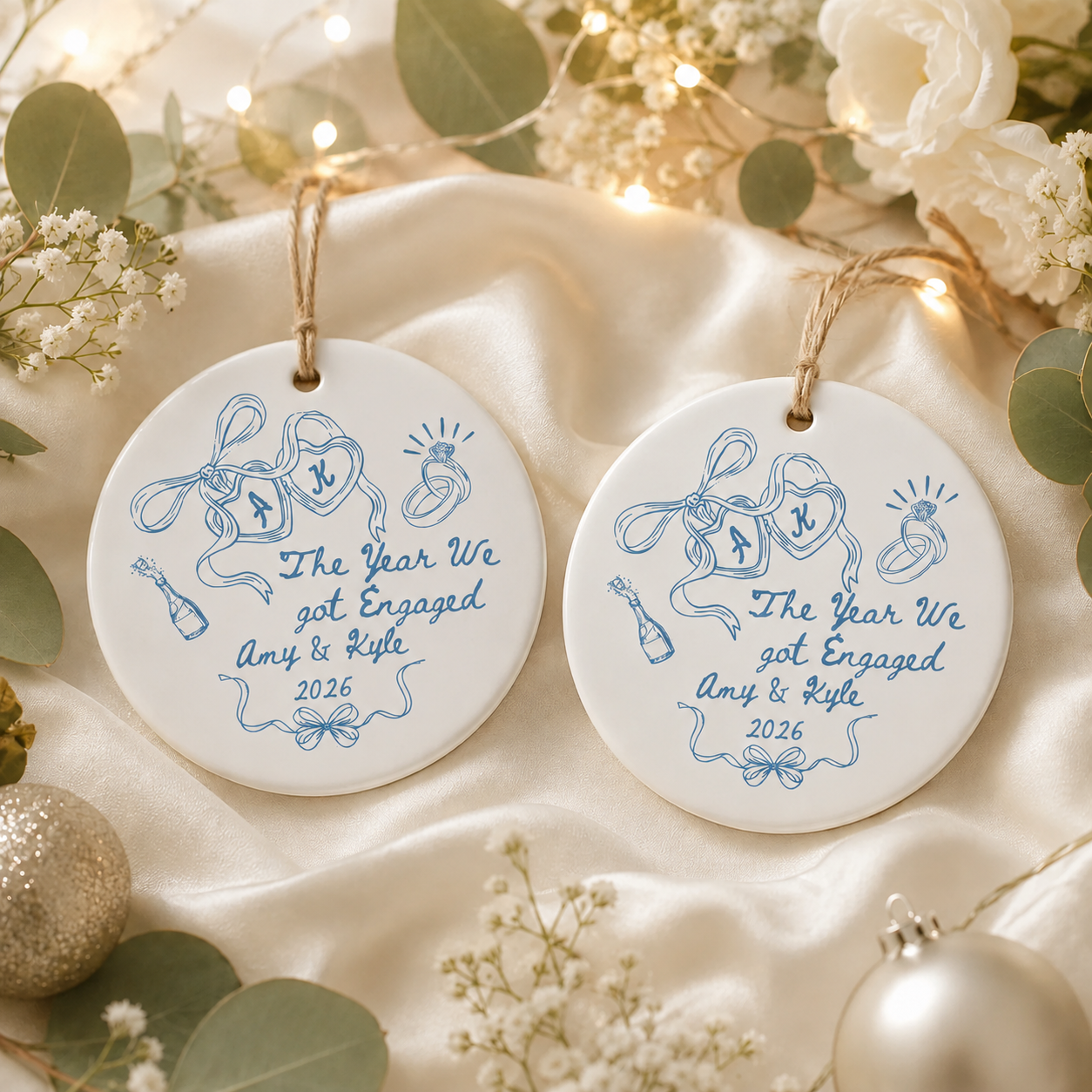 Personalized Engagement Ceramic Ornament, Custom Names & Year Keepsake for Couples, The Year We Got Engaged Gift for Bride-to-Be