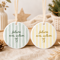 Personalized Striped Future Mrs Mug & Ornament – Custom Coffee Mug, Accent Mug, Bride-to-Be Engagement & Bridal Shower Gift