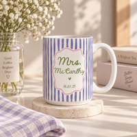 Personalized Mr Mrs Stripe Mug, Engagement Mug, Newly Engaged Gift, Bride Groom Mugs, Custom Wedding Mugs, Anniversary Gift, His Hers Mugs