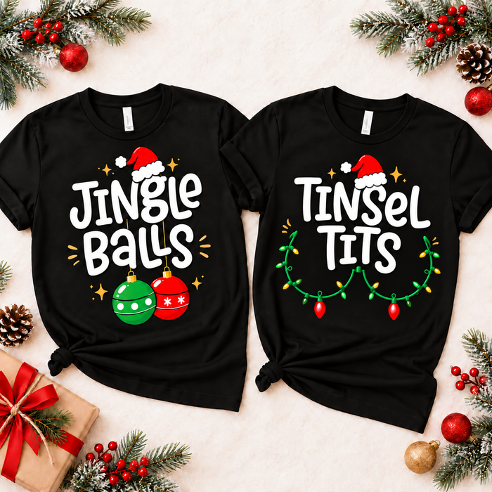 Jingle Balls & Tinsel Tits Comfort Colors Shirts – Christmas Couple Gift