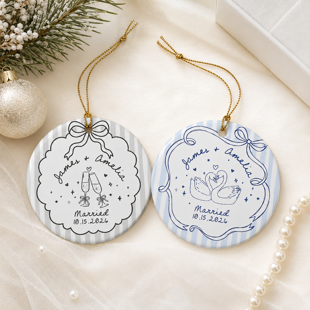 Personalized Ceramic Ornament for Engaged Couples, Custom Names & Date Engagement Keepsake, Wedding Gift for Bride & Groom