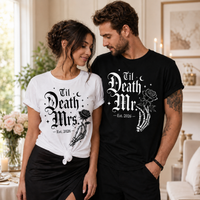 Matching Til Death Mr & Mrs Shirts for Wedding, Custom Year Gothic Couple T-Shirts, Newlywed Gift for Bride Groom, Halloween Wedding Shirts