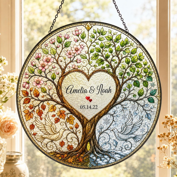 Personalized Wedding Anniversary Gift for Couple, Four Seasons Tree of Life Stained Glass Suncatcher, Custom Couple Window Hanging Keepsake
