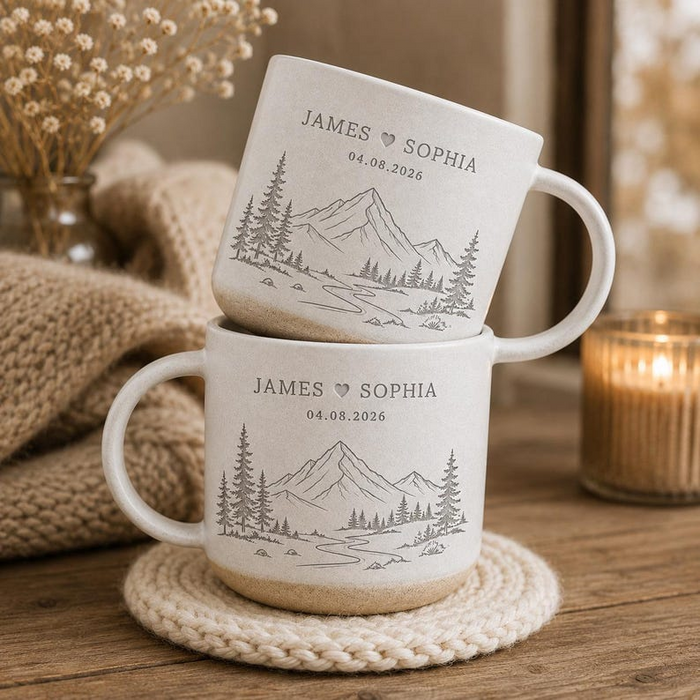 Personalized Engraved Mountain Pottery Mug – Bride & Groom Name Cup