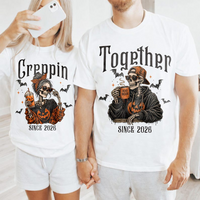 Halloween Couple Shirt, Personalized Custom Year Skeleton Couple Tee, Creepin Together Matching Spooky Gift
