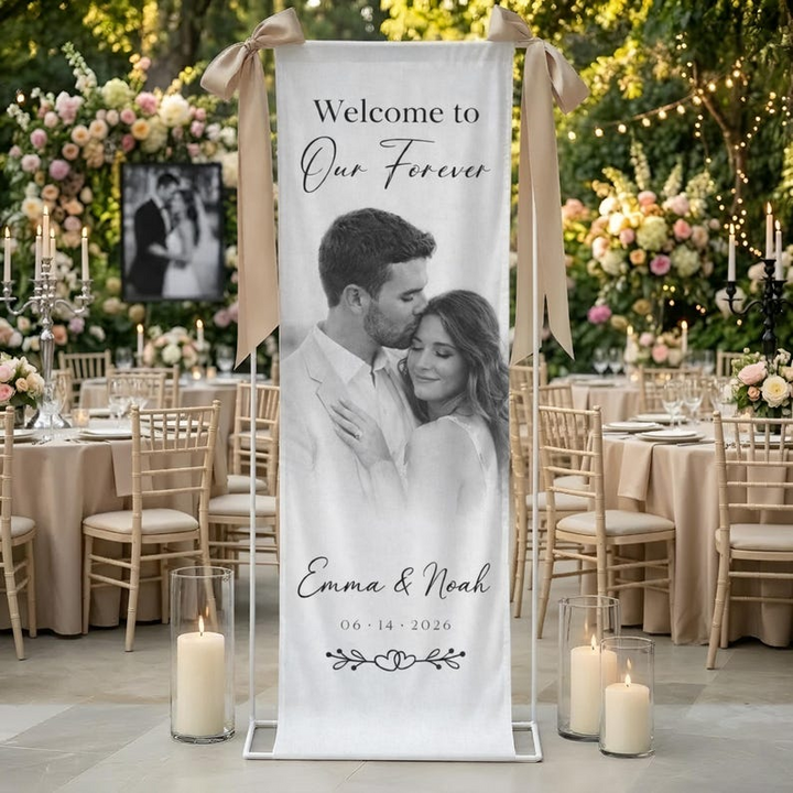 Personalized Linen Wedding Welcome Sign, Custom Photo Banner, Couple Portrait Decor, Couple Names & Date Linen Sign
